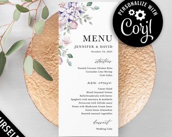 Lavender menu card template, pink purple floral wedding menu printable baby shower menu, bridal shower editable menu table decoration