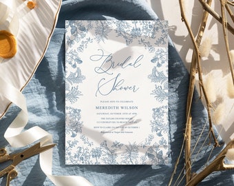 Chinoiserie bridal shower invitation Vintage Floral bridal invite, Digital dusty blue Toile bridal shower invite