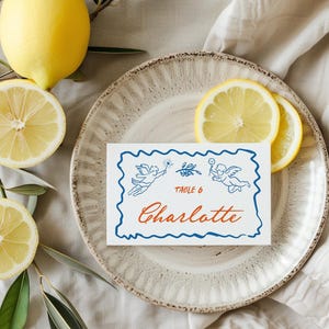 Tarjetas de lugar para bodas italianas, decoración de bodas mediterráneas, etiquetas de comida escritas a mano, tarjetas de buffet, tarjetas con nombres de Cupido dibujadas a mano