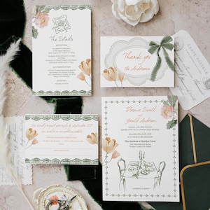 Sage green Peach Floral Wedding Invitation Suite, Coquette Bow Lace Garden party Digital Template