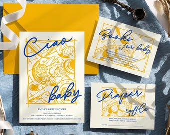 Ciao Baby Shower Invitation SET – Italian Citrus Lemon Mediterranean Editable Template