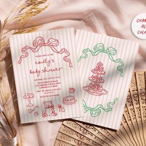 Hand gezeichnet Tee-Party Einladung Mädchen-Babyparty einladen, wunderliche Tee-Party einladen, Teddybär Rosa Bogen-Baby-Duscheeinladung