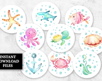 Under the sea Cupcake Toppers Baby shower Favor Tags PRINTABLE, Birthday toppers, centerpiece decoration Ocean baby shower decor