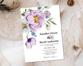 Purple floral wedding invitation Lilac wedding invite template, Spring summer Garden boho wedding invitation