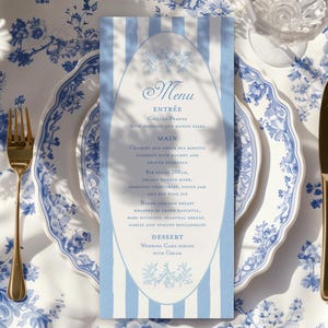 Carte de menu à rayures bleues Modèle de menu de mariage, menu de baby shower d'été, menu de douche nuptiale côtière, menu de dîner d'anniversaire nautique