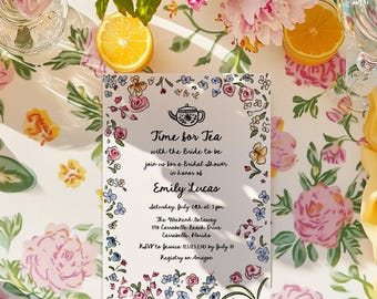 Floral Bridal shower tea party invitation, Hand-drawn Wildflower High tea with the bride, Whimsical Garden