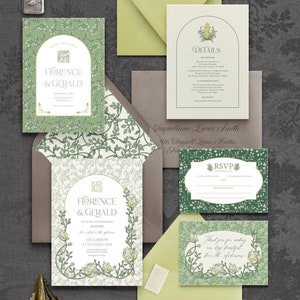 Jugendstil Hochzeitseinladung, Gartenhochzeitseinladung, William Morris Vintage-Hochzeitsthema, Grüne botanische Blumenhochzeit lädt ein