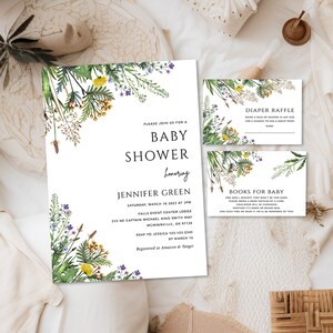 Wildflower baby shower invitation Girl baby shower invite set, Neutral spring floral boho baby shower invitation boy