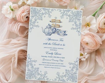 Chinoiserie Tea Party Bridal Shower Invitation, Dusty Blue Floral Vintage Toile Garden Digital Template