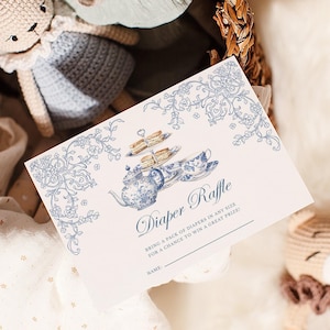 Thee babyshower luier loterijkaart, stoffige blauwe toile jongen babyshower spel, chinoiserie theekransje babyshower luier loterijticket
