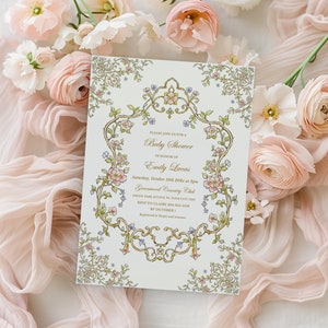 Vintage Floral Baby Shower Invitation Template, Girl Chinoiserie Crest Victorian Pink Gold Blue