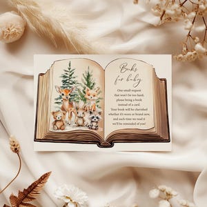 Books for baby card Woodland baby shower game Bring a book instead of card insert Forest animals book request Girl boy woodland party decor