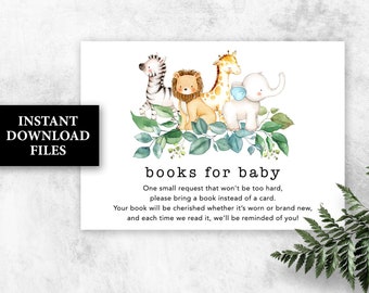 Jungle Books for Baby Boy safari baby shower Book Request Card PRINTABLE, Jungle Bring a Book card zoo animals Boy baby shower games