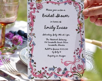 Invitación de despedida de soltera con flores silvestres, dibujada a mano, colorida, para fiesta en el jardín, plantilla floral caprichosa