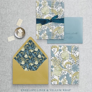 Umschlag Liner und Pergamentverpackung für Hochzeitseinladung, printable Download, Jugendstil William Morris Stil, blaue florale Umschlag Liner
