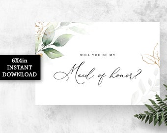 Maid of honor proposal card printable Will you be my Maid of honor Card, Greenery maid of honor card download