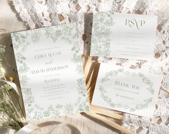 Chinoiserie wedding invitation Sage green floral vintage wedding suite, Editable template Toile wedding invite