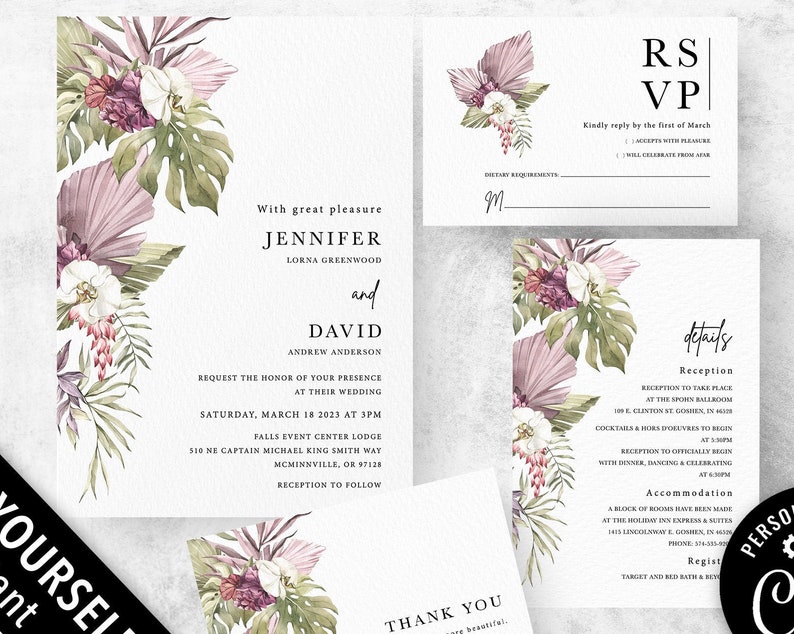 Purple Tropical wedding invitation floral beach wedding invite template summer boho wedding monstera palm leaf wedding