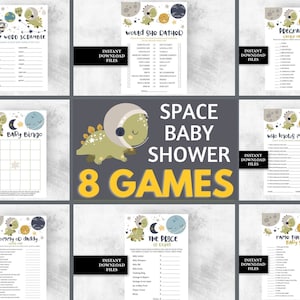 Space dinosaur baby shower Games bundle Boy galaxy planets baby shower activity PRINTABLE, Outer space baby shower games