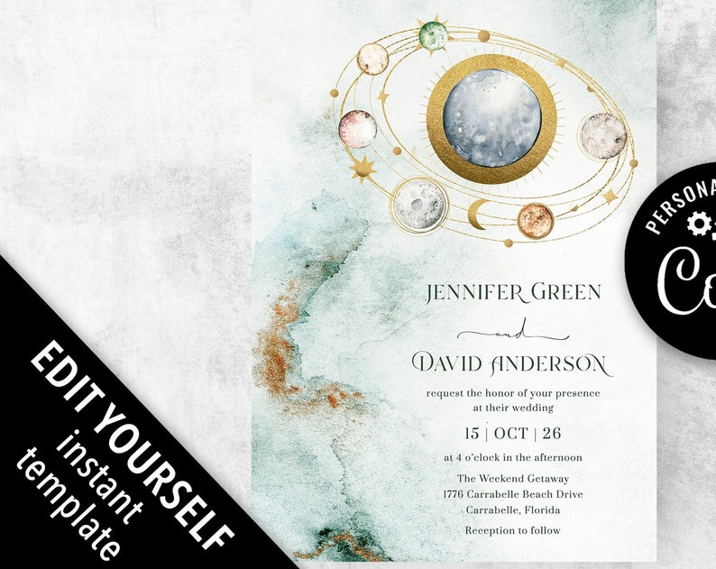 Celestial wedding invitation Galaxy Cosmos Solar system theme Moon Planets wedding invite
