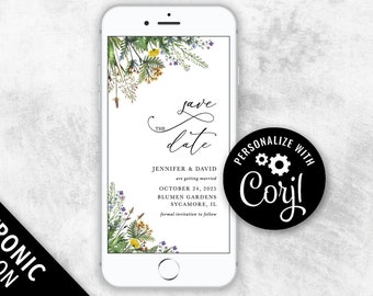 Wildflower Save The Date Electronic template, spring summer wedding save the date card, boho Wildflower wedding save the date evite