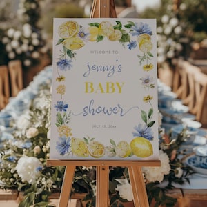 Lemon baby shower welcome sign Summer baby shower decor Blue floral citrus sign, Boy Girl Mediterranean Italian baby shower sign