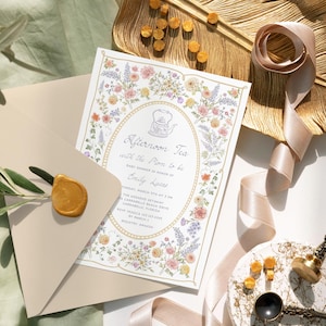 Blumen Babyparty - Teeparty-Einladung Vintage Nachmittagstee mit Mama, Pastell Frühling Sommer High Tea Babypartyeinladung