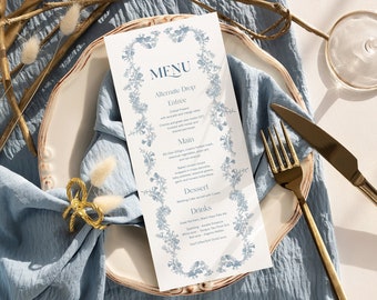 Chinoiserie menu card Dusty blue wedding menu template, toile baby shower table decor, Floral vintage bridal shower menu