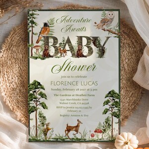 Einladungsvorlage für eine Babyparty mit Abenteuermotiven | Vintage-Einladung mit Waldtieren | Neutrale Cottagecore-Einladung mit Grünpflanzen | Download