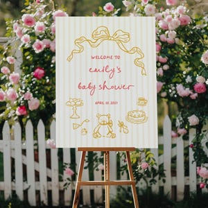 Tea party Welcome sign baby shower sign Bow Teddy bear baby shower sign Hand drawn, Spring Tea party baby shower decor