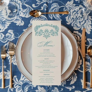 Baroque wedding menu + Place card Regency era Victorian wedding decor, dinner menu, Rococco style Teal vintage frame Wedding menu card