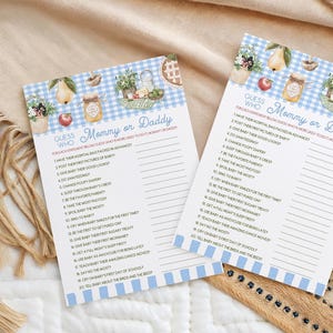 Locally Grown Baby Shower Game: Mommy or Daddy, Blue Gingham (PDF Downloadable File)