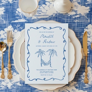 Tropical palm wedding invitation Hand drawn beach wedding invite, Blue Summer Coastal wedding invite