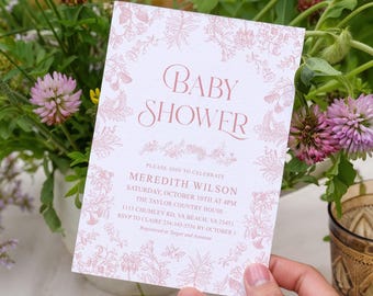 Pink Toile Baby Shower Invitation, Girl Vintage Floral Chinoiserie Garden party, Editable Template