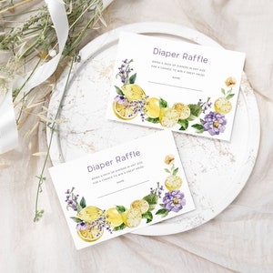Bilhete de sorteio de fraldas de limão Jogo de chá de bebê cítrico para impressão, chá de aperto principal da mamãe, cartão de sorteio de fraldas de lavanda floral roxo menina