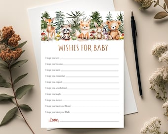 Wishes for baby Woodland baby shower game Neutral Woodsy forest animals Girl or boy Woodland baby wishes card