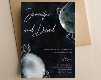 Celestial wedding invitation Starry night invite, Crystal tarot wedding template, Dark navy blue Sky Galaxy Moon wedding invitation