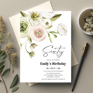 60th Birthday Invitation women birthday invite, adult surprise birthday party, pink white flowers sixty invitation, Floral birthday invite