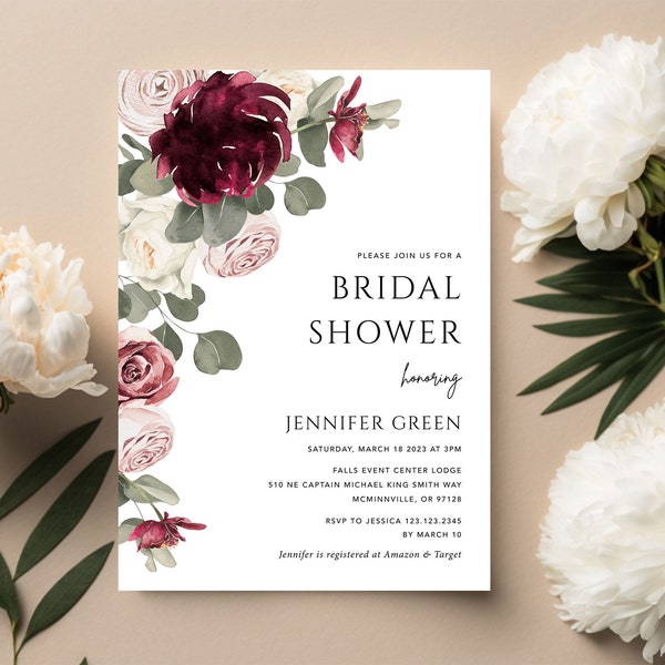 Burgundy Bridal shower invitation sage green pink floral bridal shower invite eucalyptus, Garden roses bridal shower invitation template