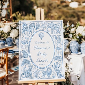 Toile Safari Baby Shower Welcome Sign: Chinoiserie Jungle Animals, Digital Download