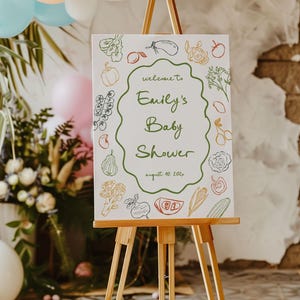 Lokal angebautes Babyparty-Willkommensschild Hand gezeichnetes Obst-Gemüse-Willkommensplakat, Babypartyschild des Herbstland-Bauernmarktes