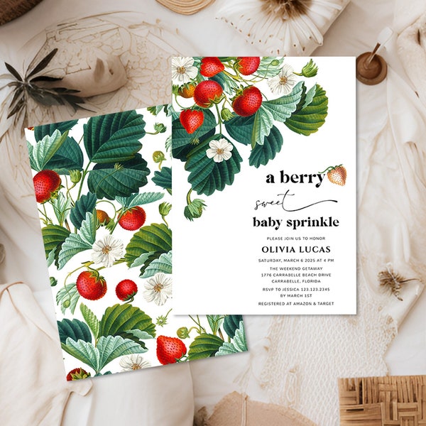 Strawberry baby sprinkle invitation Girl fruit baby sprinkle invite, Spring summer Garden sprinkle shower, Berry sweet invitation