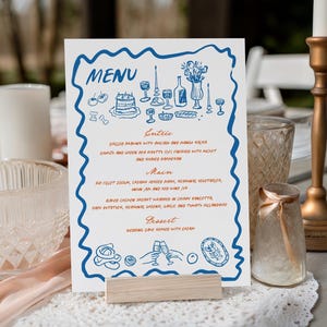 Cardápio de casamento, cardápio de jantar de ensaio italiano azul, rabisco desenhado à mão, chá de panela de verão, chá de bebê, cardápio de jantar de aniversário