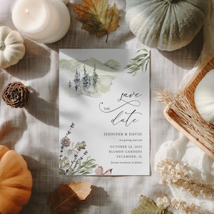 Mountain Save The Date template, Wildflower forest wedding save the date card download, boho woodland save the date