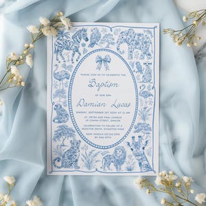 Convite de batismo Toile Safari Convite de batismo de menino, Chinoiserie vintage Animais da selva Convite de batismo azul