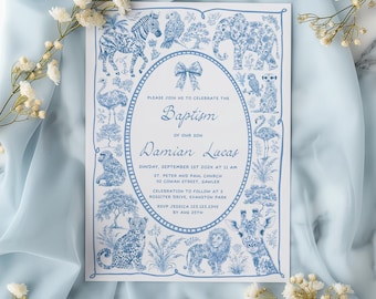 May include: A blue and white baptism invitation featuring an oval frame with animal illustrations. The invitation includes the text "Baptism of our son Damian Lucas" and event details. The invitation is surrounded by light blue fabric and white flowers.