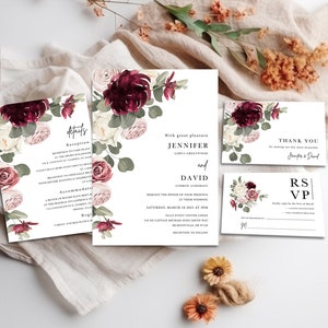 Burgundy wedding invitation sage green pink burgundy floral wedding invite set Eucalyptus boho garden wedding invitation