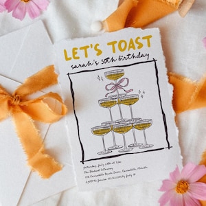 Hand drawn Birthday invitation Cocktail party invitation, Modern Spring summer 30th 40th 50th Birthday dinner party invite