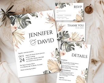 Tropical wedding invitation Boho beach wedding invite suite 2024 spring summer greenery palm leaf boho wedding invitation template