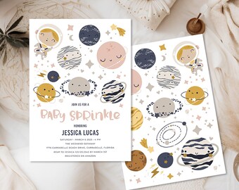 Outer Space baby sprinkle invitation girl baby sprinkle invite, Solar system Galaxy planets Girl astronaut sprinkle shower invitation